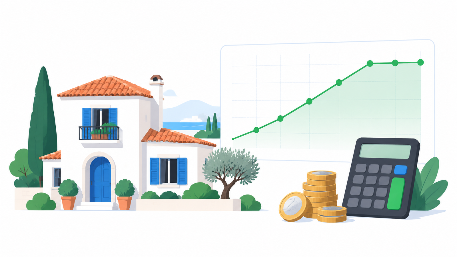 Casa mediterránea junto a un gráfico del euríbor que se estabiliza, una calculadora y monedas de euro