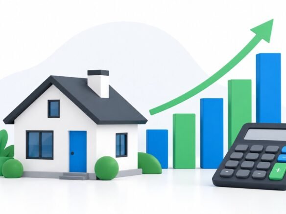 Casa junto a un gráfico de barras ascendente y una calculadora