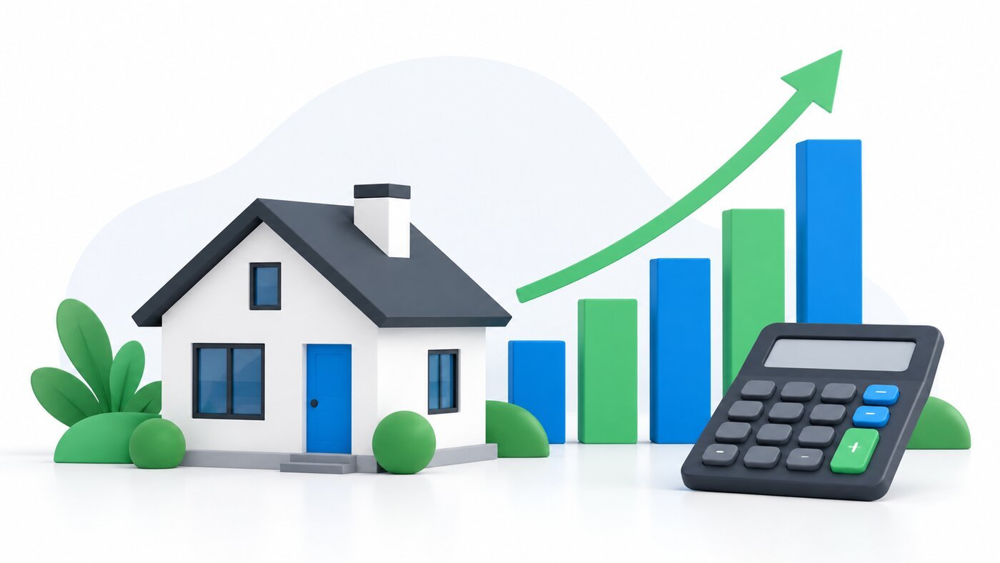 Casa junto a un gráfico de barras ascendente y una calculadora